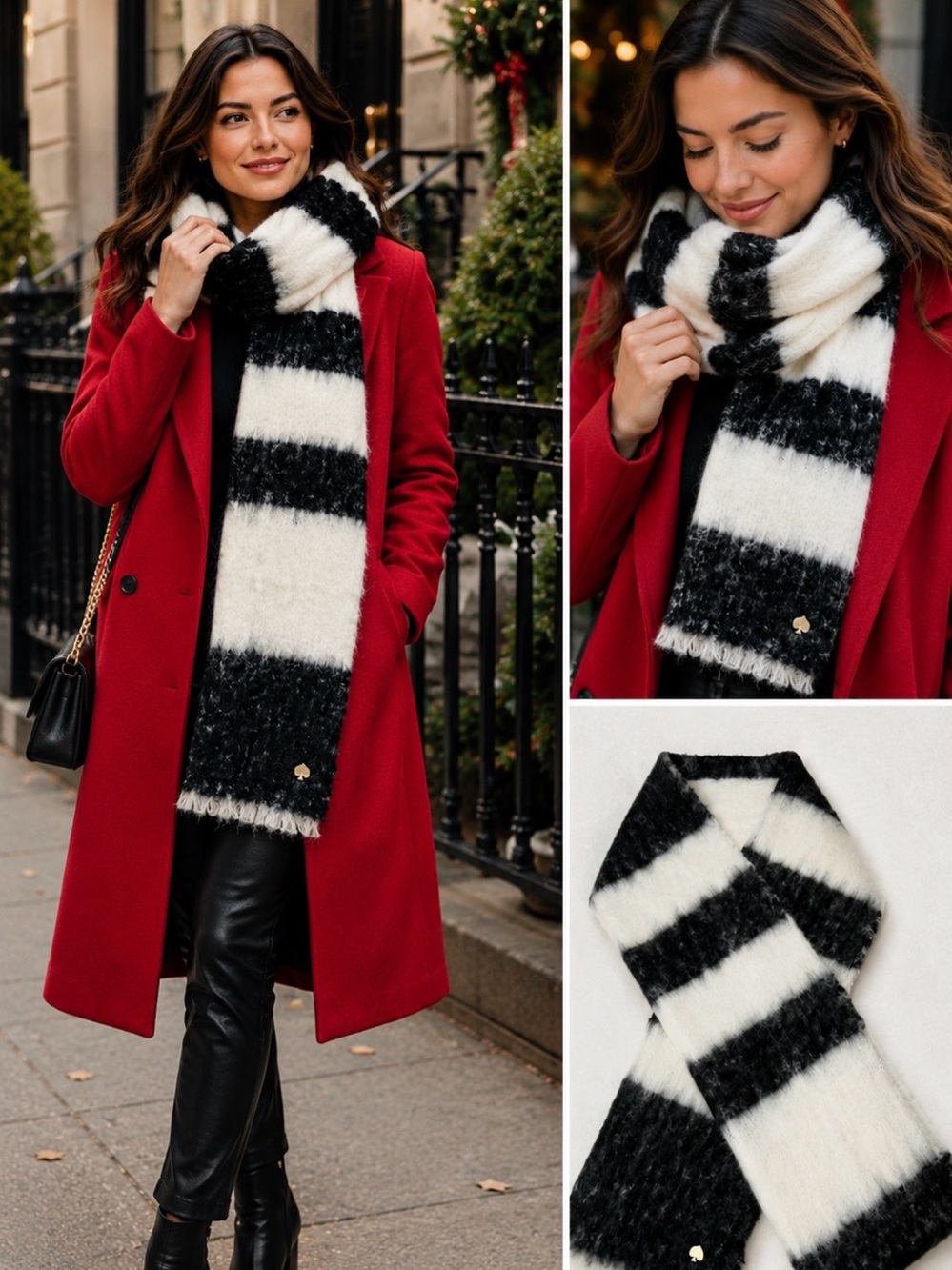Kate Spade New York Brushed Stripe Oblong Scarf Black Ivory w/ Metal Spade 💛